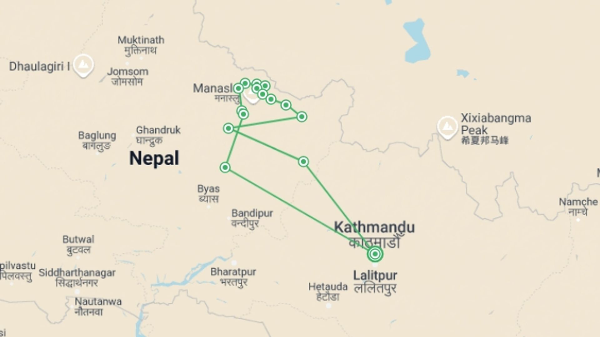 A map showing the tour itinerary for the trip:  10 Days  Manaslu   Short Trek , starting in Kathmandu, Nepal and ending in Kathmandu, Nepal going through 11 other destinations.
