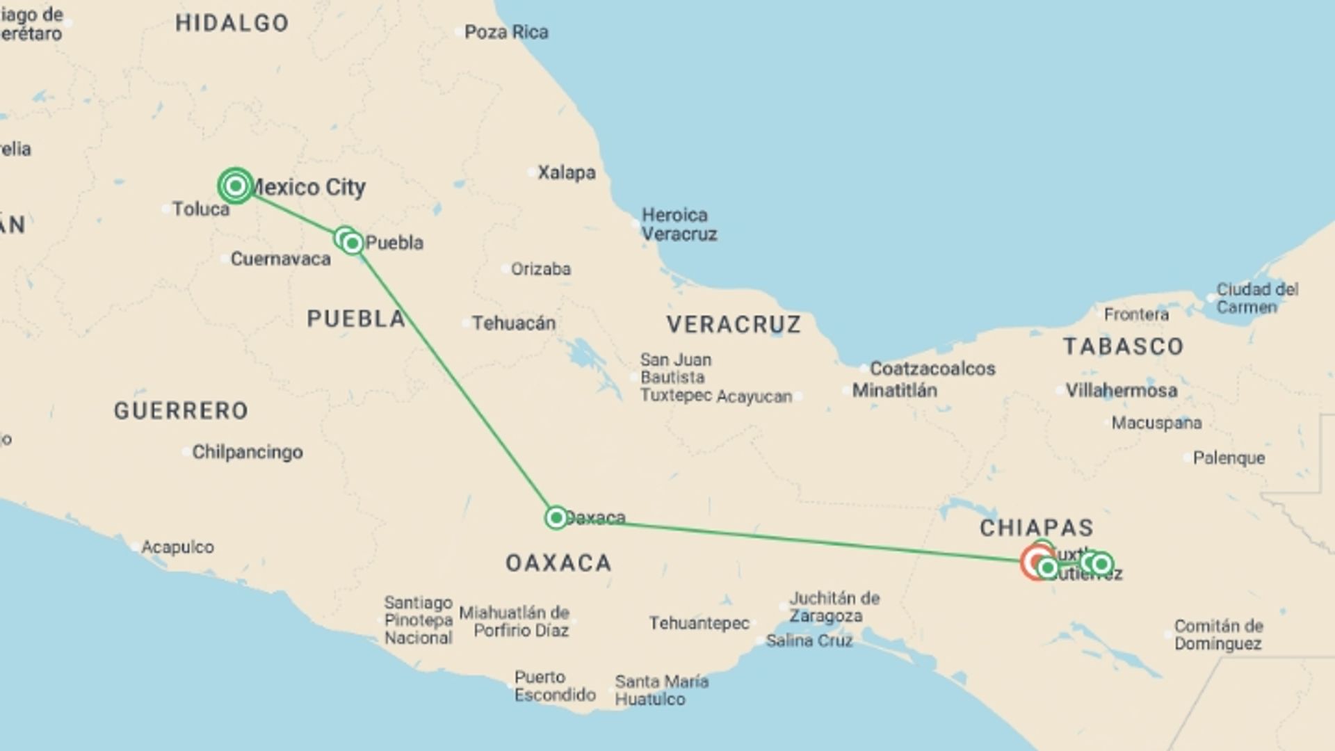 A map showing the tour itinerary for the trip: Flavors and Cultures, starting in Mexico City, Mexico and ending in Tuxtla Gutiérrez, Mexico going through 3 other destinations.