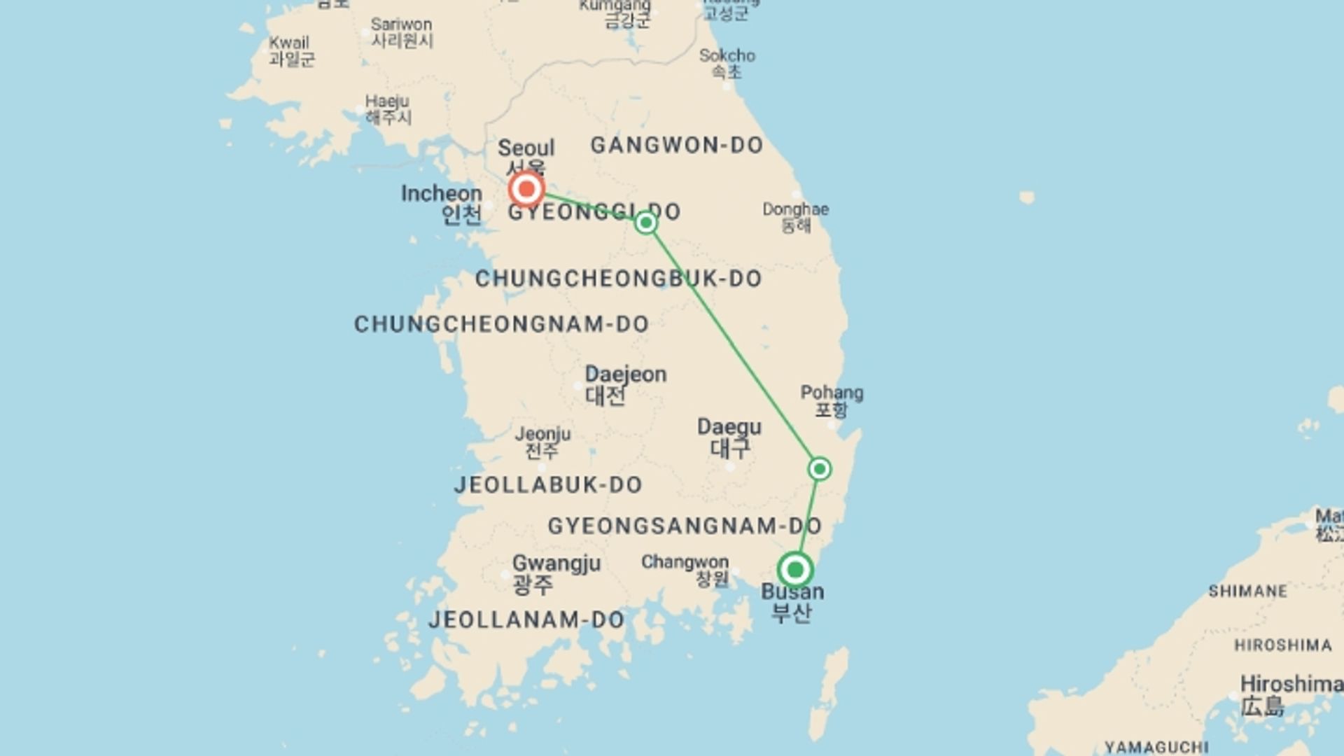 A map showing the tour itinerary for the trip: South Korea Eastern Adventure 3D/2N, starting in Busan, South Korea and ending in Seoul, South Korea going through 2 other destinations.