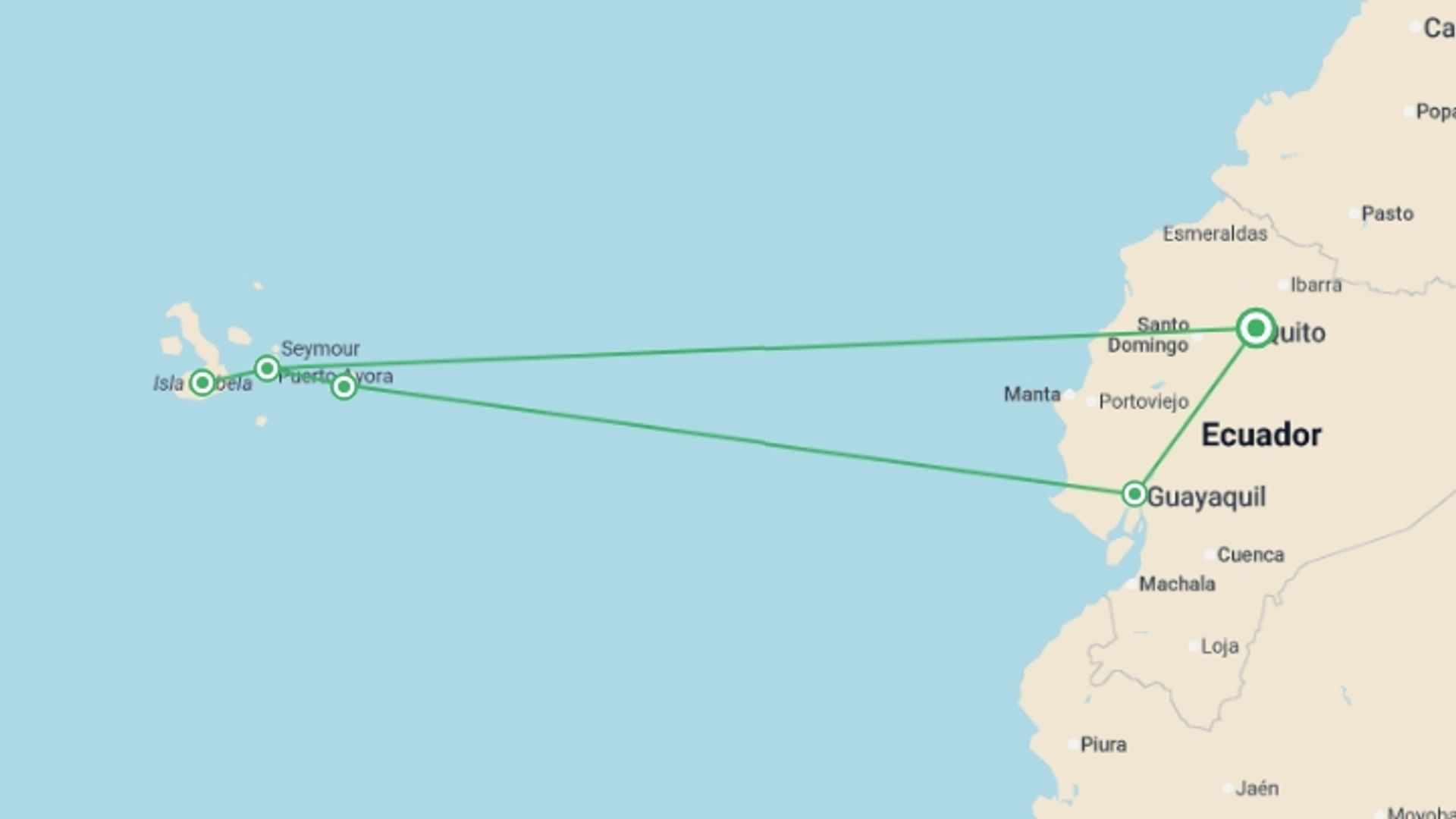 A map showing the tour itinerary for the trip: Galapagos Island Hopper, starting in Quito, Ecuador and ending in Quito, Ecuador going through 4 other destinations.