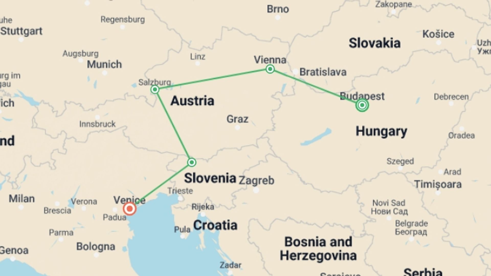 A map showing the tour itinerary for the trip: Discover Central Europe, starting in Budapest, Hungary and ending in Venice, Italy going through 4 other destinations.