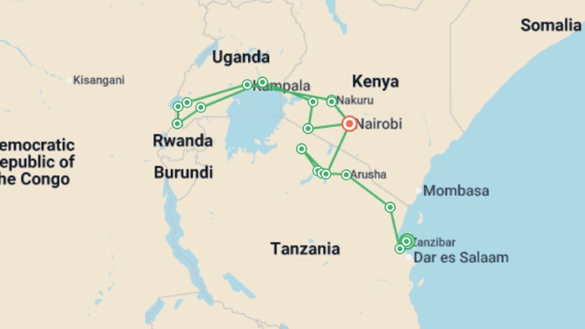 A map showing the tour itinerary for the trip: Beaches, Game Parks & Gorillas, starting in Zanzibar, Tanzania and ending in Nairobi, Kenya going through 17 other destinations.