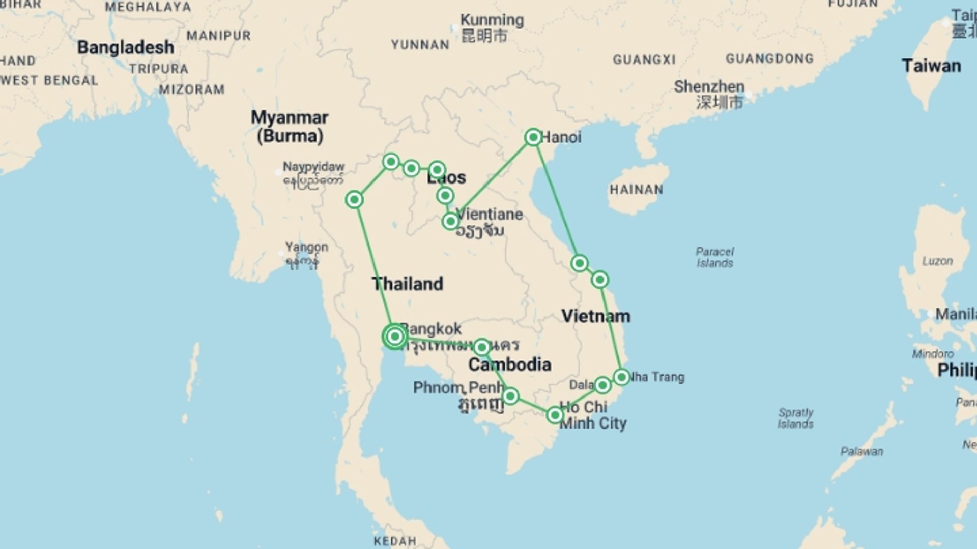 A map showing the tour itinerary for the trip: Southeast Asia Circuit (from Bangkok) Express Travel Pass, starting in Bangkok, Thailand and ending in Bangkok, Thailand going through 14 other destinations.