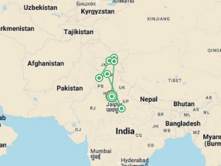 Map itinerary of India Tour in Summer with 8 destination visits for the trip: Northern India: Dharamshala, Kashmir & Ladakh Highlights