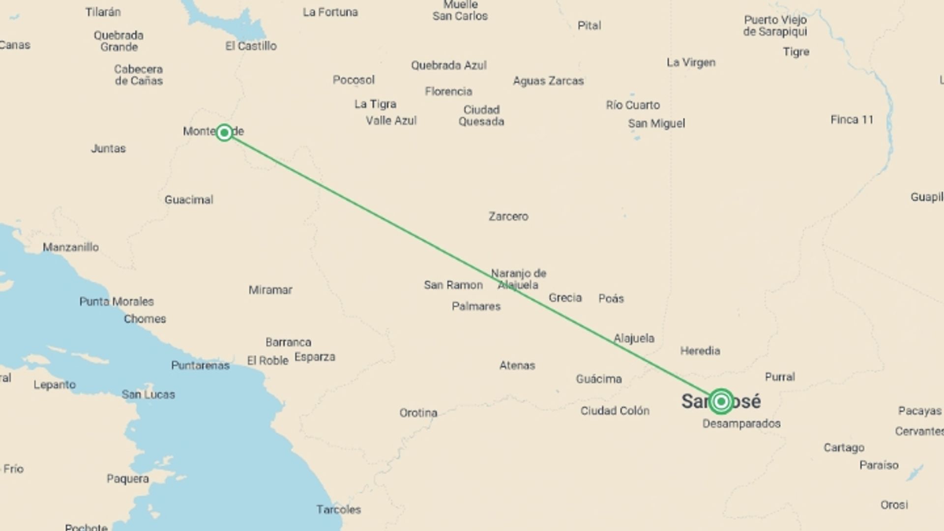 A map showing the tour itinerary for the trip: Monteverde Cloudforest Essences, Short Break, starting in San Jose, Costa Rica and ending in San Jose, Costa Rica going through 1 other destinations.