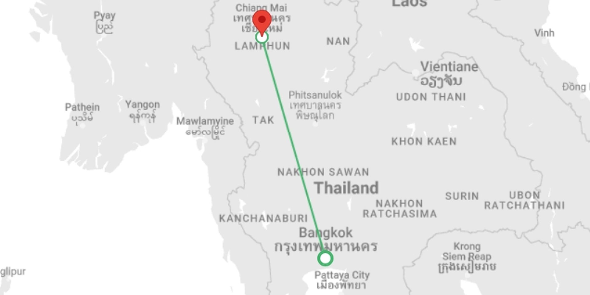 A map showing the tour itinerary for the trip: THAILAND TOUR: ROMANTIC HOLIDAY IN BANGKOK AND CHIANG MAI, starting in Bangkok, Thailand and ending in Chiang Mai, Thailand going through 2 other destinations.