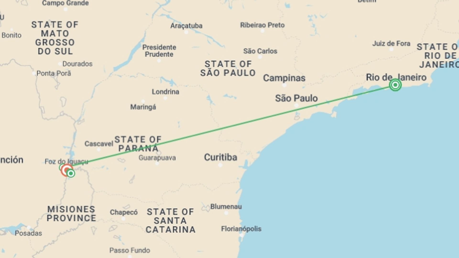 A map showing the tour itinerary for the trip: Río de Janeiro and Iguazú Waterfalls, starting in Rio de Janeiro, Brazil and ending in Puerto Iguazu, Argentina going through 3 other destinations.