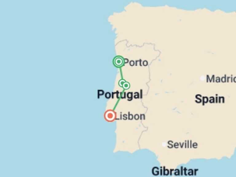 Map of Europe Tour with 4 destination visits for the trip: Highlights of Portugal