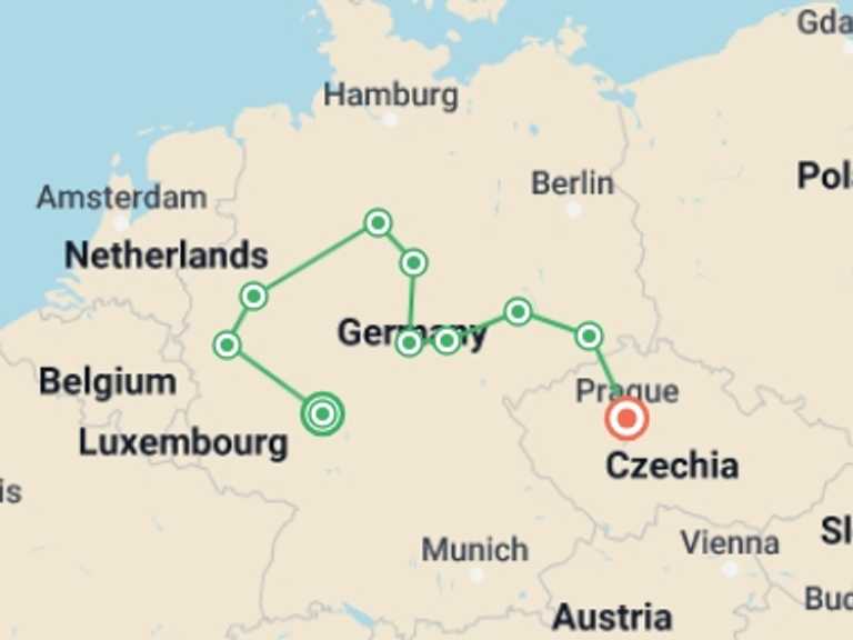 Map itinerary of Prague Tour in September 2025 with 6 destination visits for the trip: Tour of the Heart of Germany, Ending in Prague