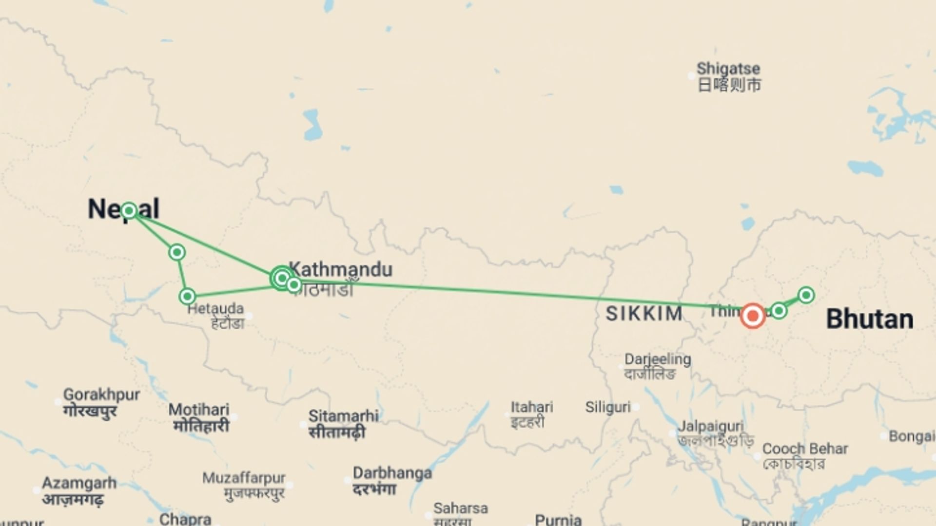 A map showing the tour itinerary for the trip: Nepal & Bhutan Journey, starting in Kathmandu, Nepal and ending in Paro, Bhutan going through 6 other destinations.
