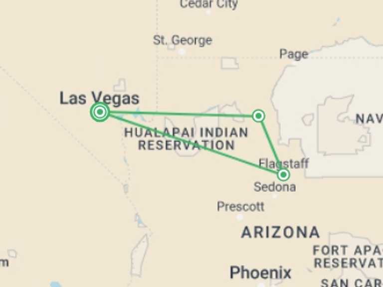 Map itinerary of USA Tour in Fall with 2 destination visits for the trip: Grand Canyon Excursion
