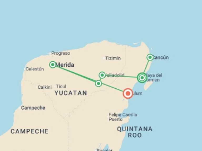 Map of Merida Tour with 8 destination visits for the trip: Premium Mexico Yucatan Highlights