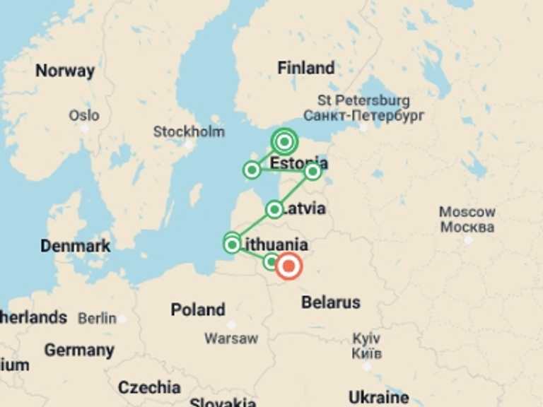 Map of 15-Day Europe Tour with 8 destination visits for the trip: Historic Baltic Republics