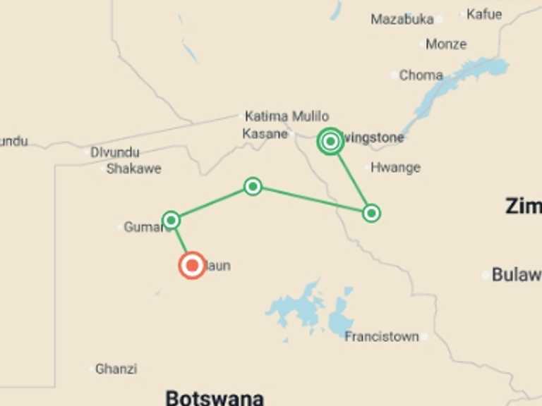 Map itinerary of East Africa Tour in November 2025 with 5 destination visits for the trip: Journeys: Botswana & Zimbabwe Safari