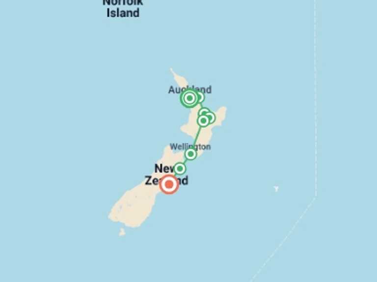 Map of Auckland Natural landmarks sightseeing Tour with 8 destination visits for the trip: New Zealand's North to South Island Adventure