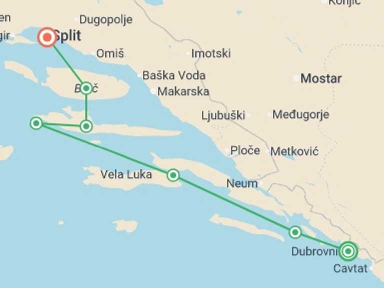 Map of Split Adventure Tour with 5 destination visits for the trip: Croatia Island Express Premium Plus - 6 Days