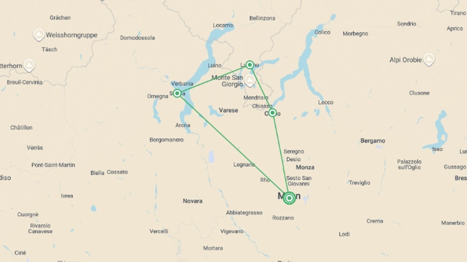A map showing the tour itinerary for the trip: Lakes of Italy and Switzerland, starting in Milan, Italy and ending in Como, Como going through 2 other destinations.