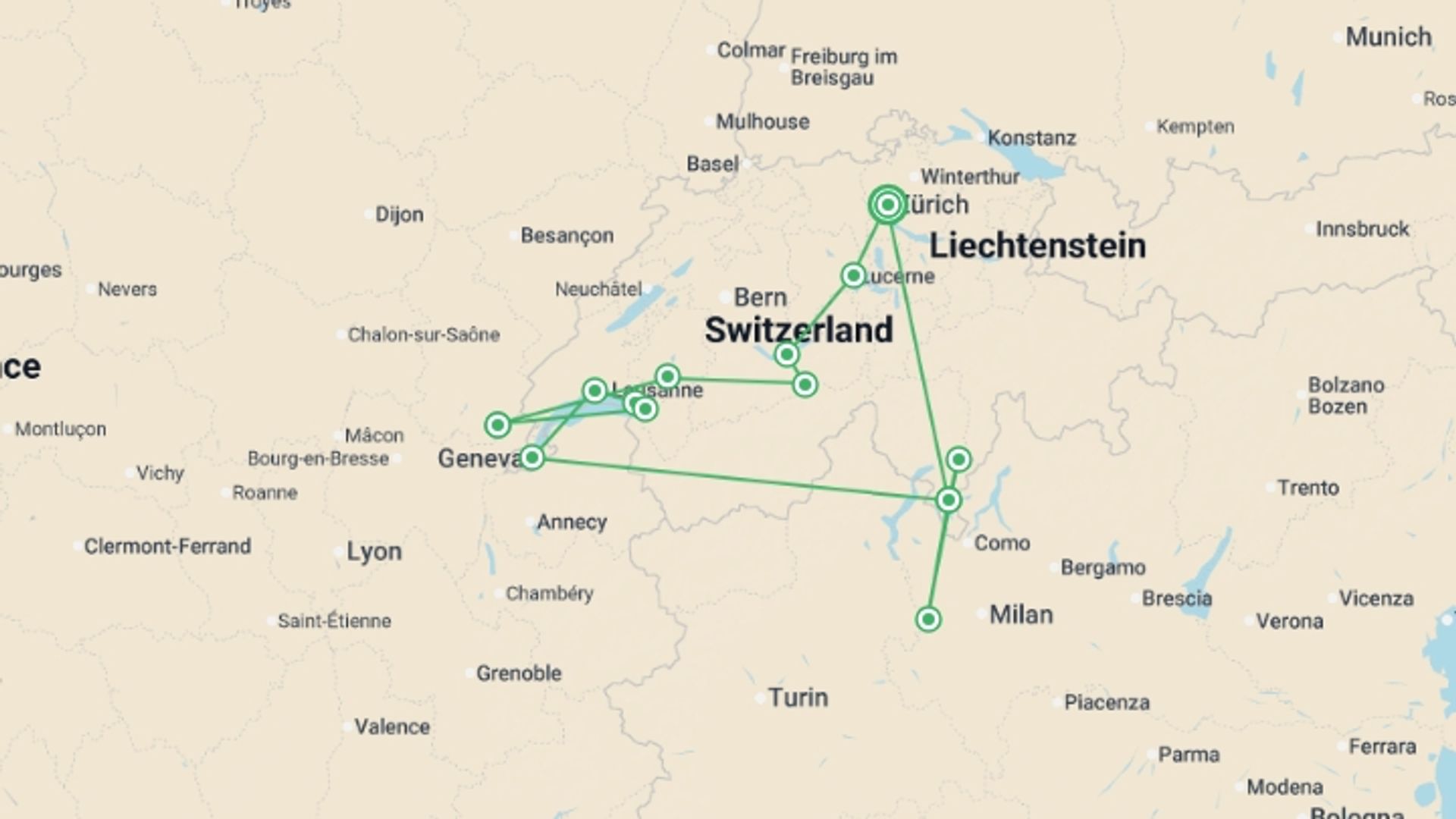 A map showing the tour itinerary for the trip: Best of Switzerland Small Group Adventure, starting in Zurich, Switzerland and ending in Zurich, Switzerland going through 7 other destinations.