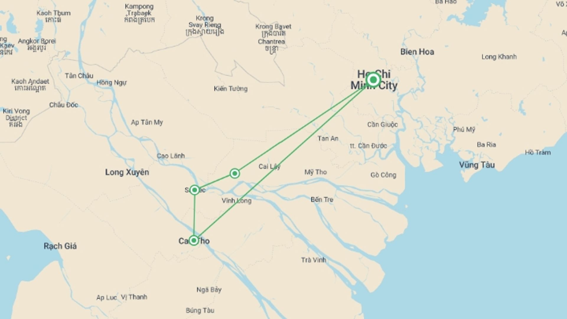 A map showing the tour itinerary for the trip: Song Xanh Sampan Mekong Cruise 2 Days 1 Night, starting in Ho Chi Minh City, Vietnam and ending in Ho Chi Minh City, Vietnam going through 1 other destinations.
