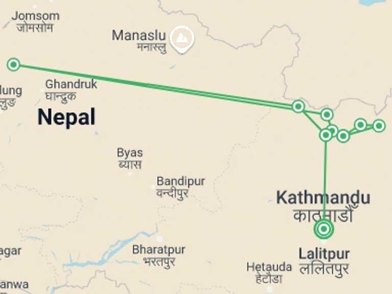 Map itinerary of Nepal Tour in Winter with 10 destination visits for the trip: Langtang & Tamang Heritage Trail Trek