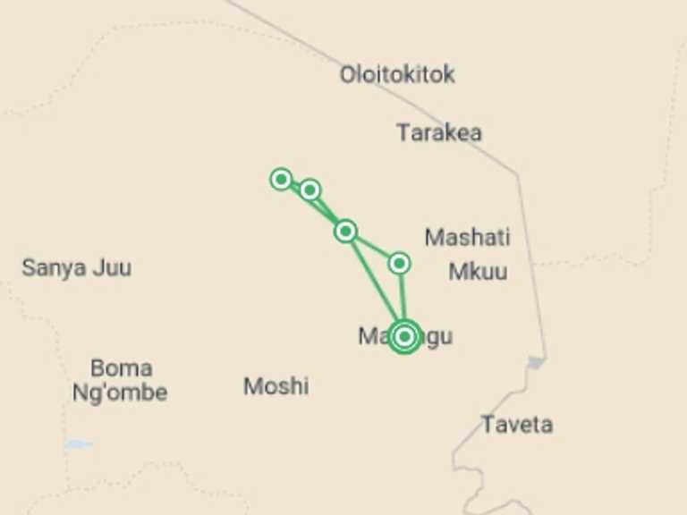 Map itinerary of Africa Tour in September 2026 with 5 destination visits for the trip: Kilimanjaro: Marangu Route