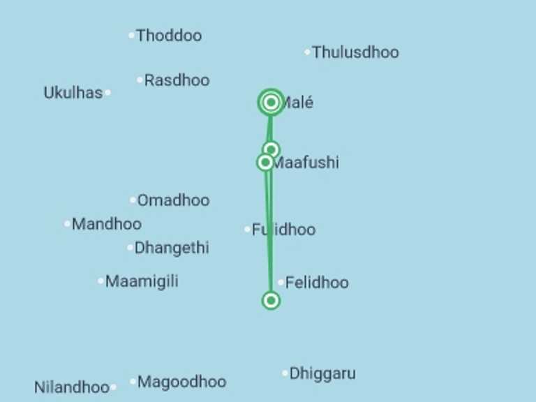Map of 8-Day Maldives Tour with 4 destination visits for the trip: Maldives Sea Turtle Conservation Cruise - 8 days