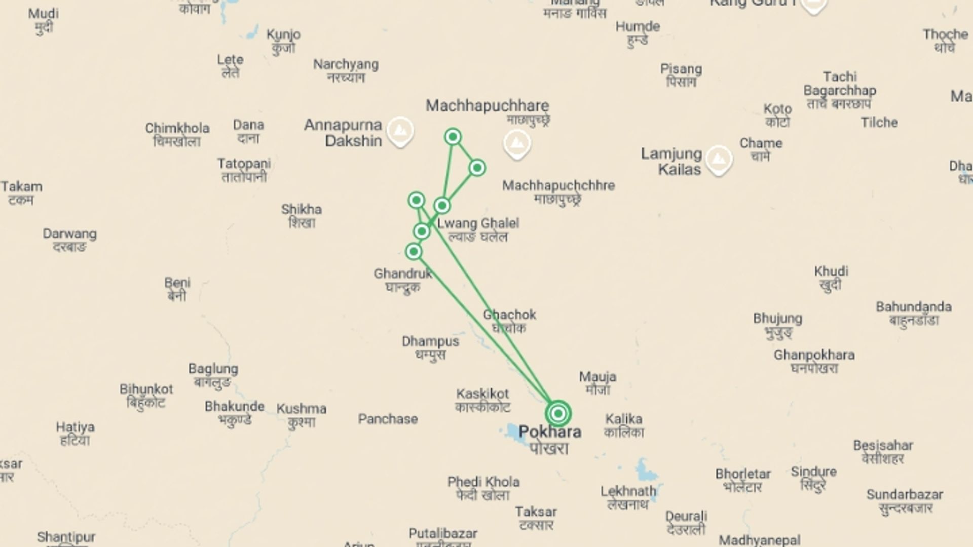 A map showing the tour itinerary for the trip: Annapurna Base Camp Short Trek, starting in Pokhara, Nepal and ending in Pokhara, Nepal going through 7 other destinations.