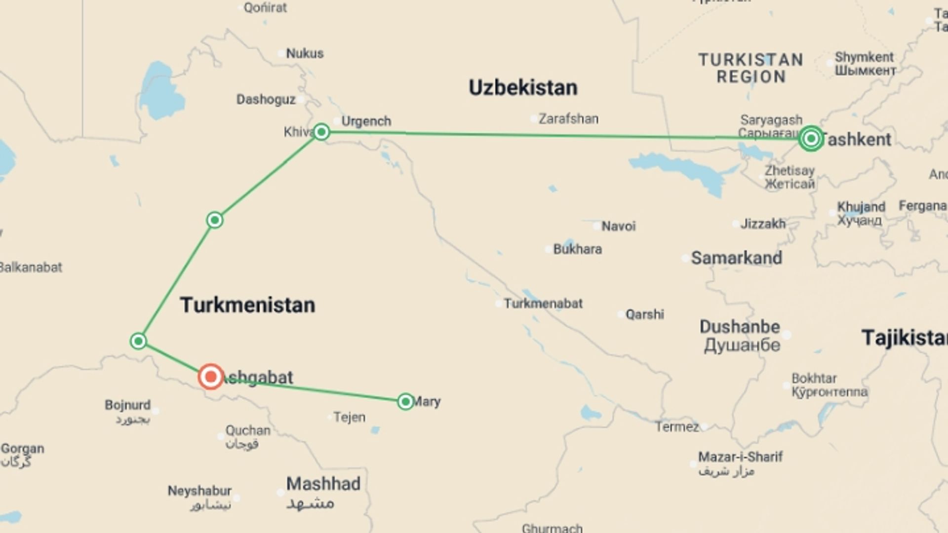 A map showing the tour itinerary for the trip: Tashkent to Ashgabat, starting in Tashkent, Uzbekistan and ending in Ashgabat, Turkmenistan going through 4 other destinations.