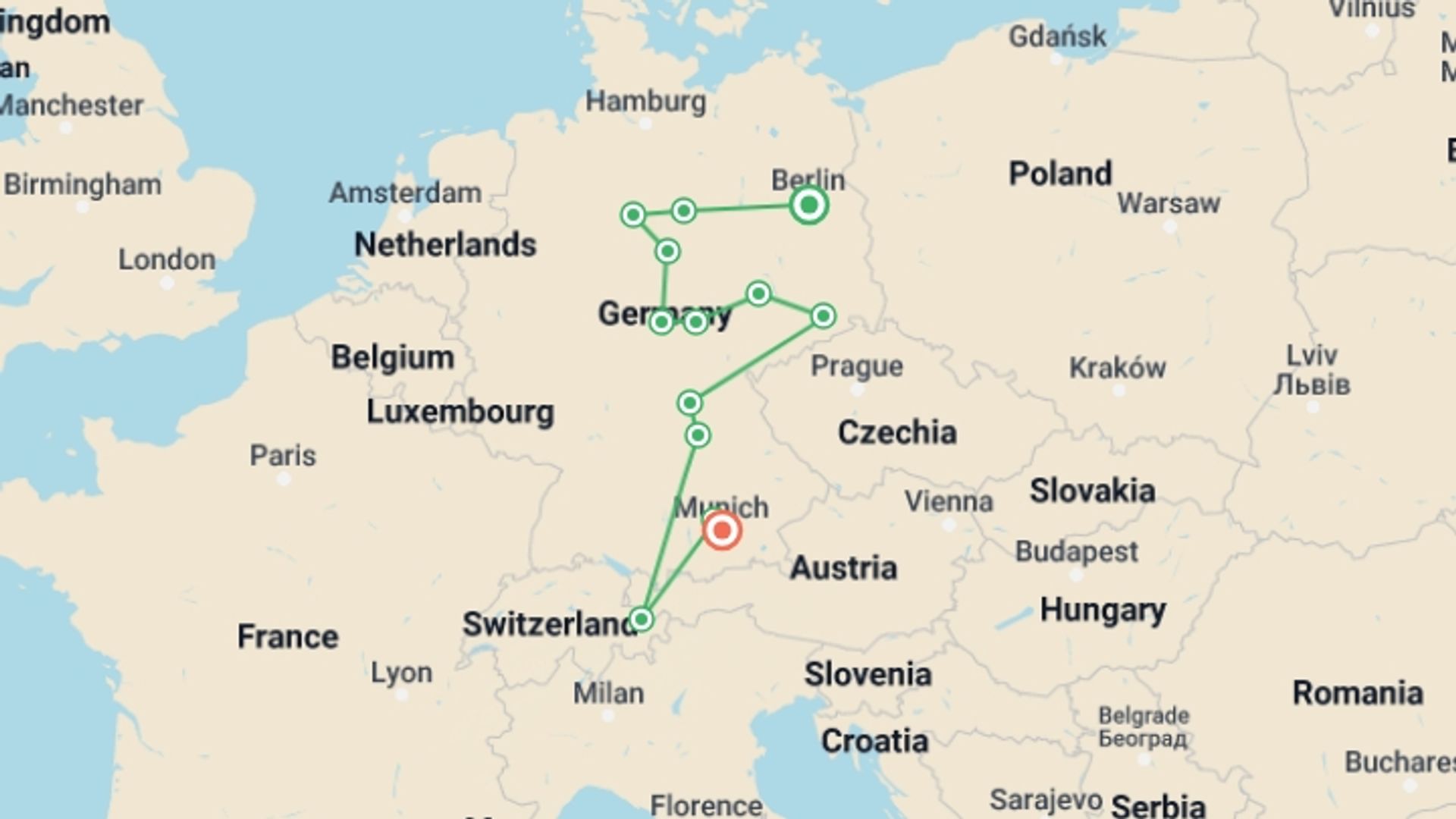 A map showing the tour itinerary for the trip: Authentic Germany, starting in Berlin, Germany and ending in Munich, Germany going through 4 other destinations.