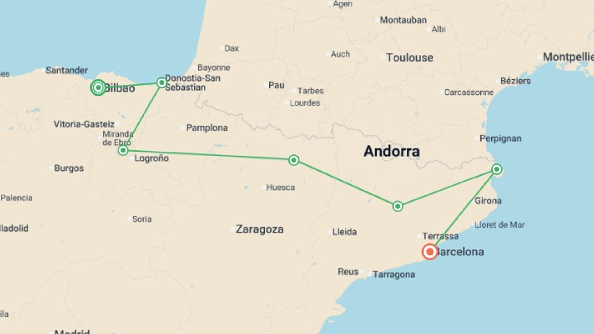 A map showing the tour itinerary for the trip: Highlights of Northern Spain, starting in Bilbao, Spain and ending in Barcelona, Spain going through 5 other destinations.