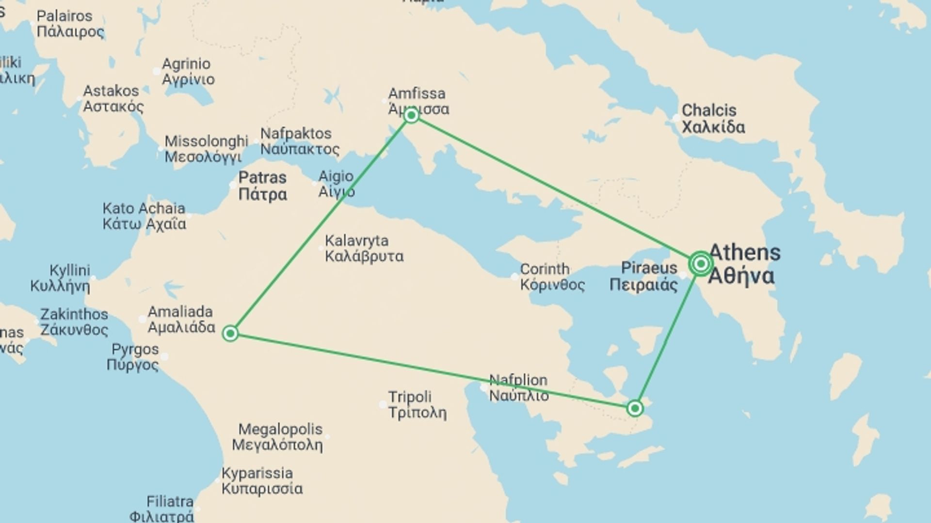 A map showing the tour itinerary for the trip: Greece Family Holiday, starting in Athens, Greece and ending in Athens, Greece going through 3 other destinations.
