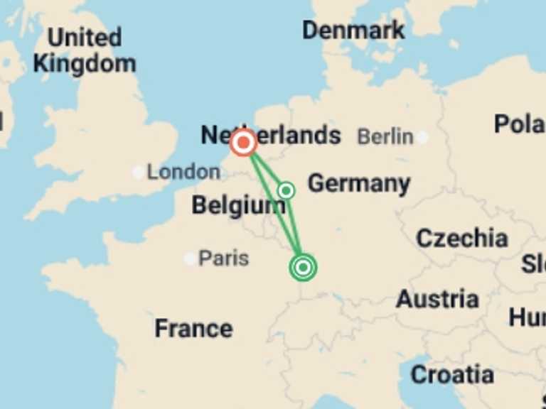 Map of 5-Day Mediterranean Tour with 3 destination visits for the trip: Rhineland and Dutch Christmas