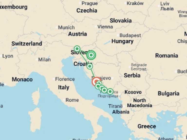 Map of 15-Day Europe Tour with 9 destination visits for the trip: Unforgettable Croatian Land and Cruise Adventure