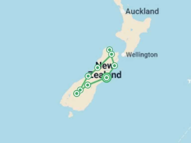 Map of a Adventure and sport Tour with 9 destination visits for the trip: New Zealand – South Island Multisport
