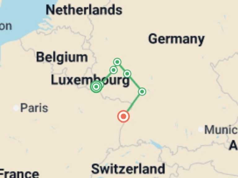 Map of Europe Tour with 7 destination visits for the trip: 4 Rivers: The Moselle, Sarre, Romantic Rhine, and Neckar Valleys (port-to-port cruise)