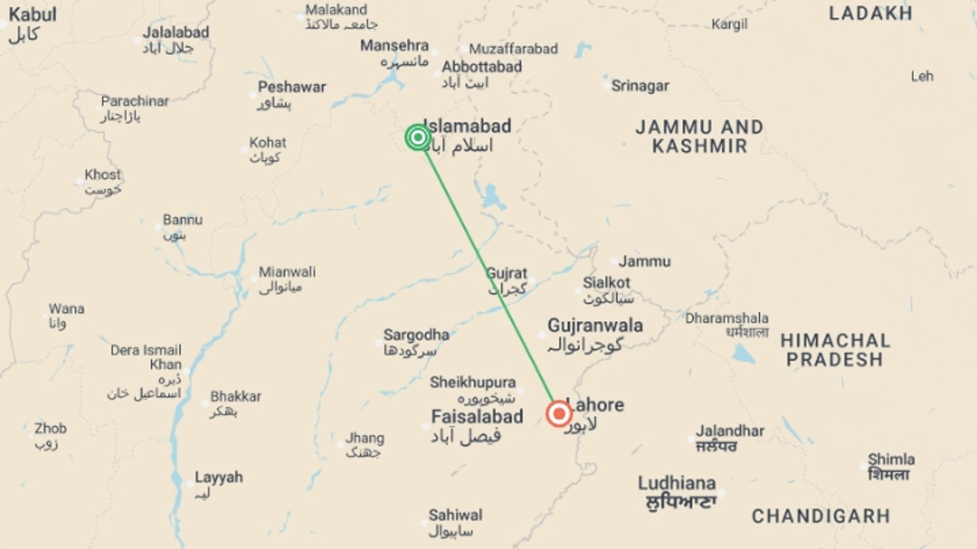A map showing the tour itinerary for the trip: Cultural Pakistan - 8 days, starting in Islamabad, Pakistan and ending in Lahore, Pakistan going through 2 other destinations.