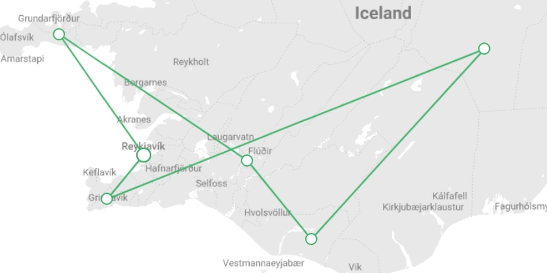 A map showing the tour itinerary for the trip: Northern Lights Exploration, starting in Reykjavik, Iceland and ending in Reykjavik, Iceland going through 4 other destinations.