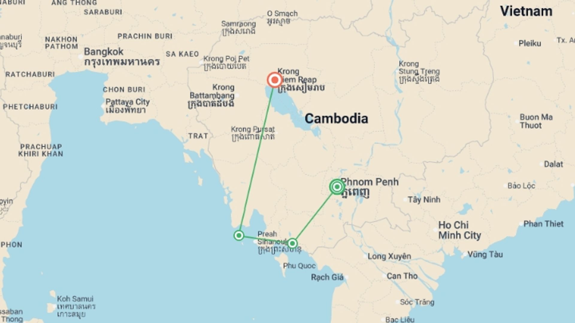 A map showing the tour itinerary for the trip: Cambodia Youth Adventure  - 10 days, starting in Phnom Penh, Cambodia and ending in Siem Reap, Cambodia going through 2 other destinations.