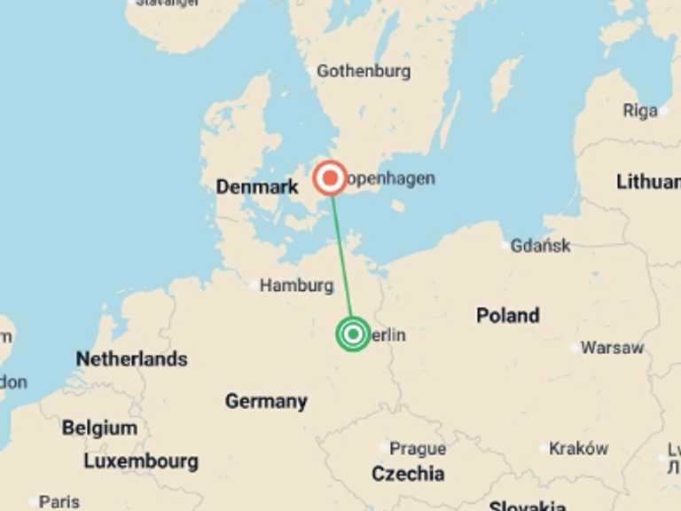 Map of Northern Europe Tour with 2 destination visits for the trip: Explore Berlin to Copenhagen
