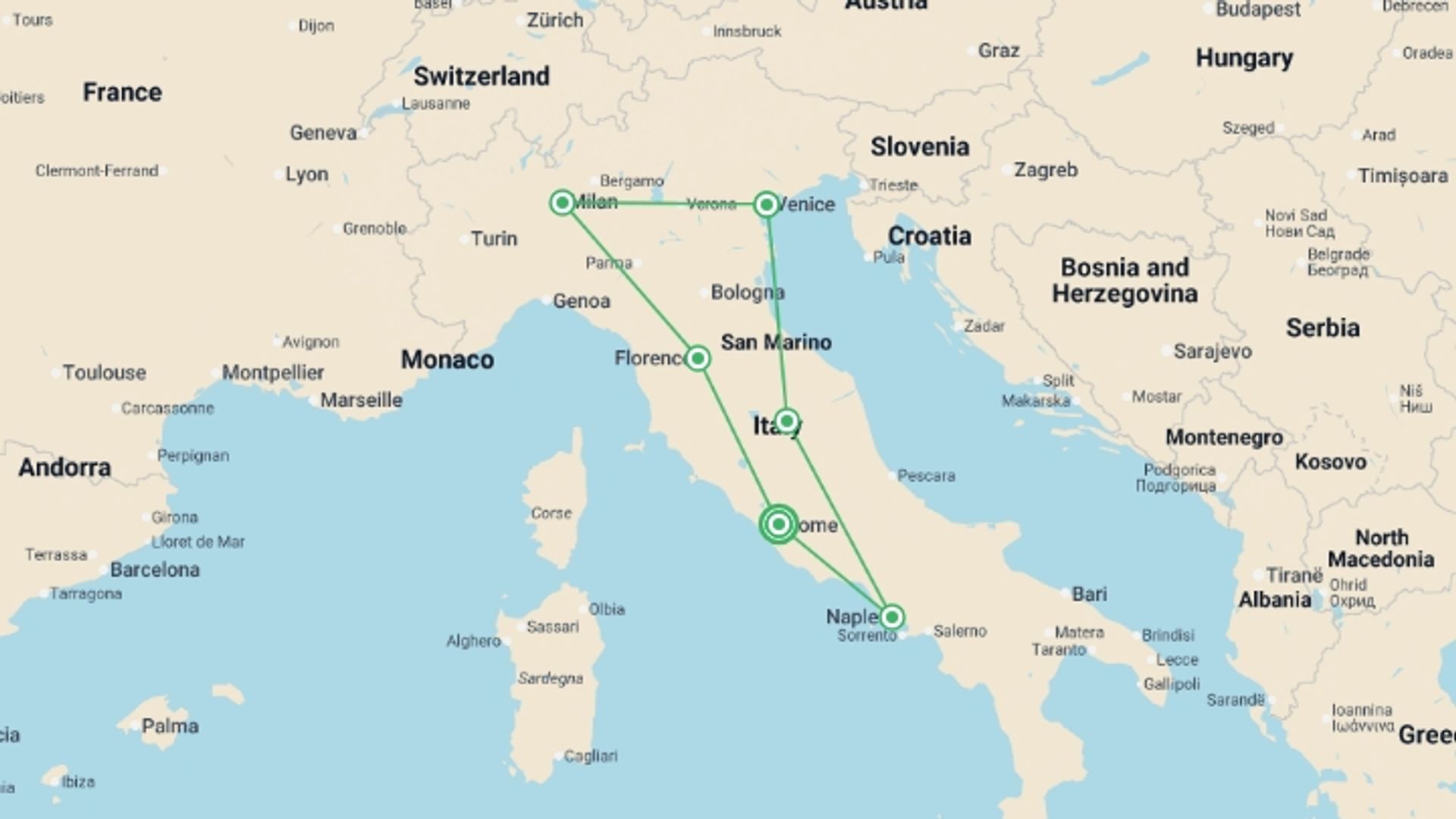 A map showing the tour itinerary for the trip: Italian Scene, starting in Rome, Italy and ending in Rome, Italy going through 5 other destinations.