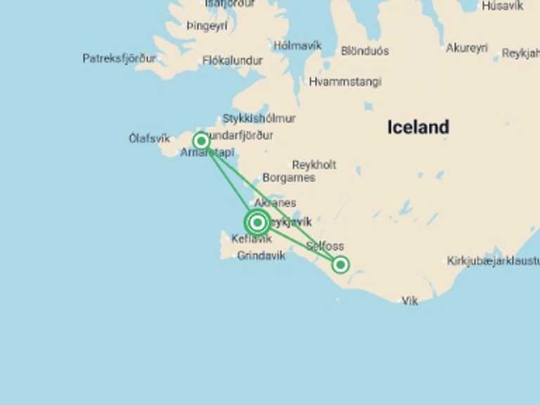 Map itinerary of Northern Europe Tour in Spring with 3 destination visits for the trip: Explore Iceland: Golden Circle & Snaefellsnes Peninsula