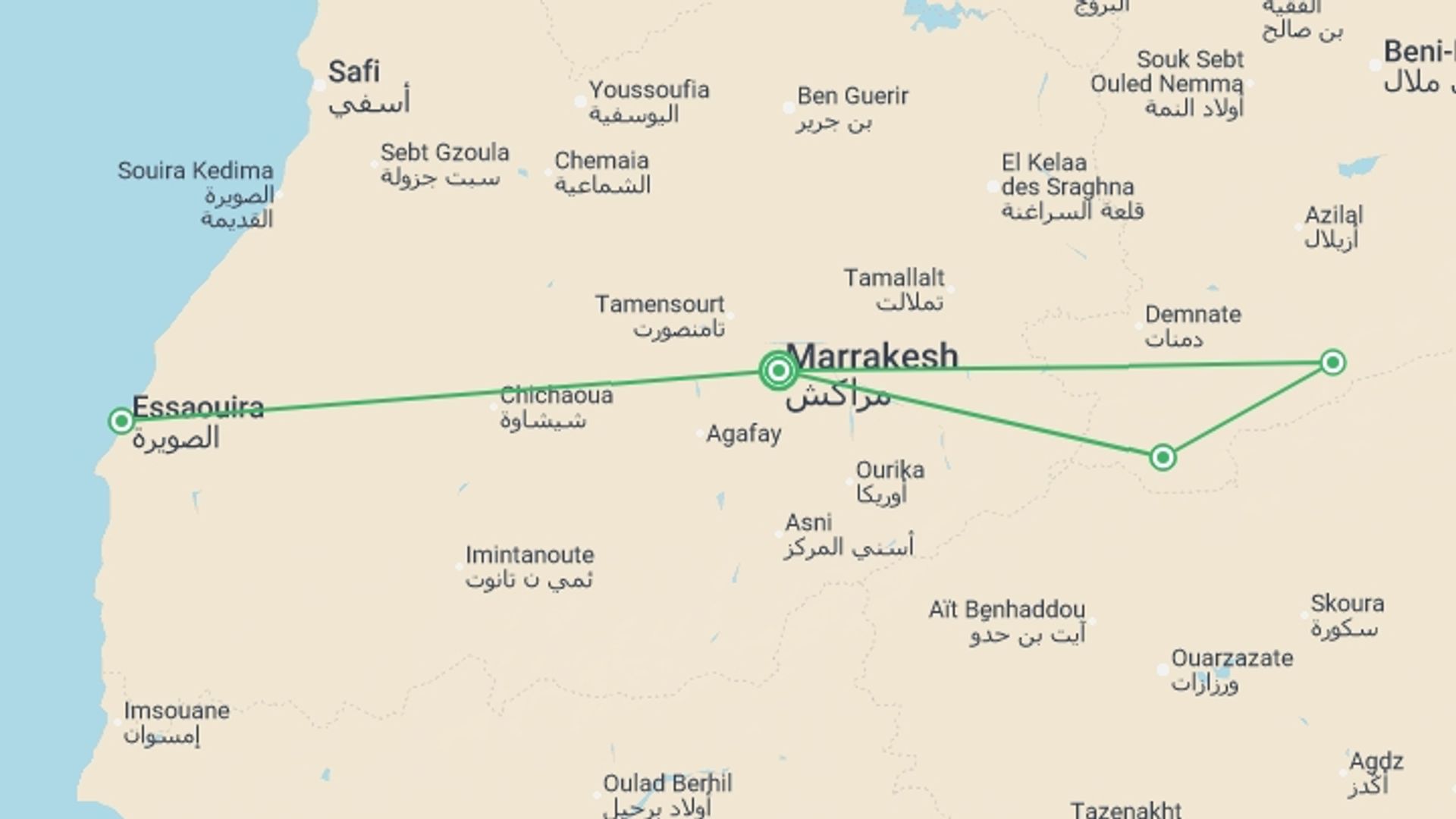 A map showing the tour itinerary for the trip: Atlas & Atlantic Coast - 10 days, starting in Marrakech, Morocco and ending in Marrakech, Morocco going through 5 other destinations.