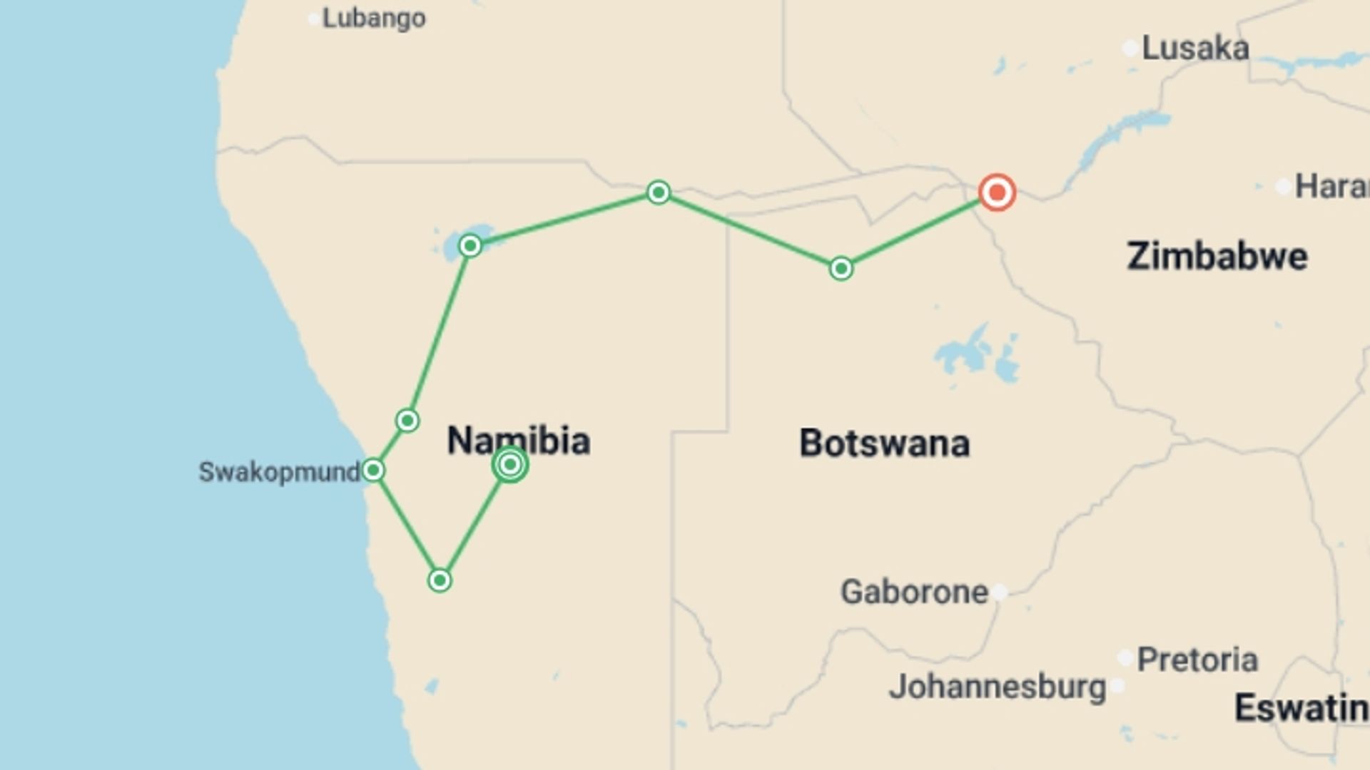 A map showing the tour itinerary for the trip: Etosha, Okavango & Chobe - 14 days, starting in Windhoek, Namibia and ending in Victoria Falls, Zimbabwe going through 6 other destinations.