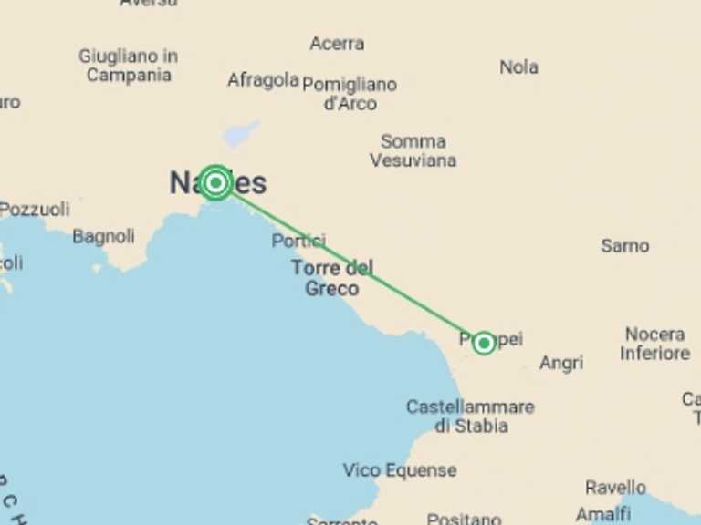 Map itinerary of Mediterranean Tour in August 2026 with 1 destination visits for the trip: Naples & Pompeii Explorer (3 Star) - 4 days