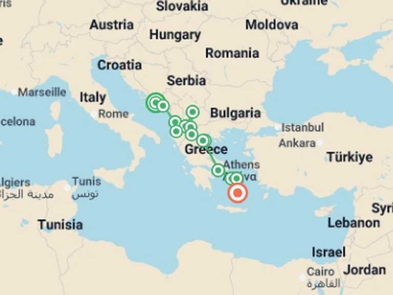 Map itinerary of Mykonos Tour in August 2027 with 14 destination visits for the trip: Dubrovnik to Santorini