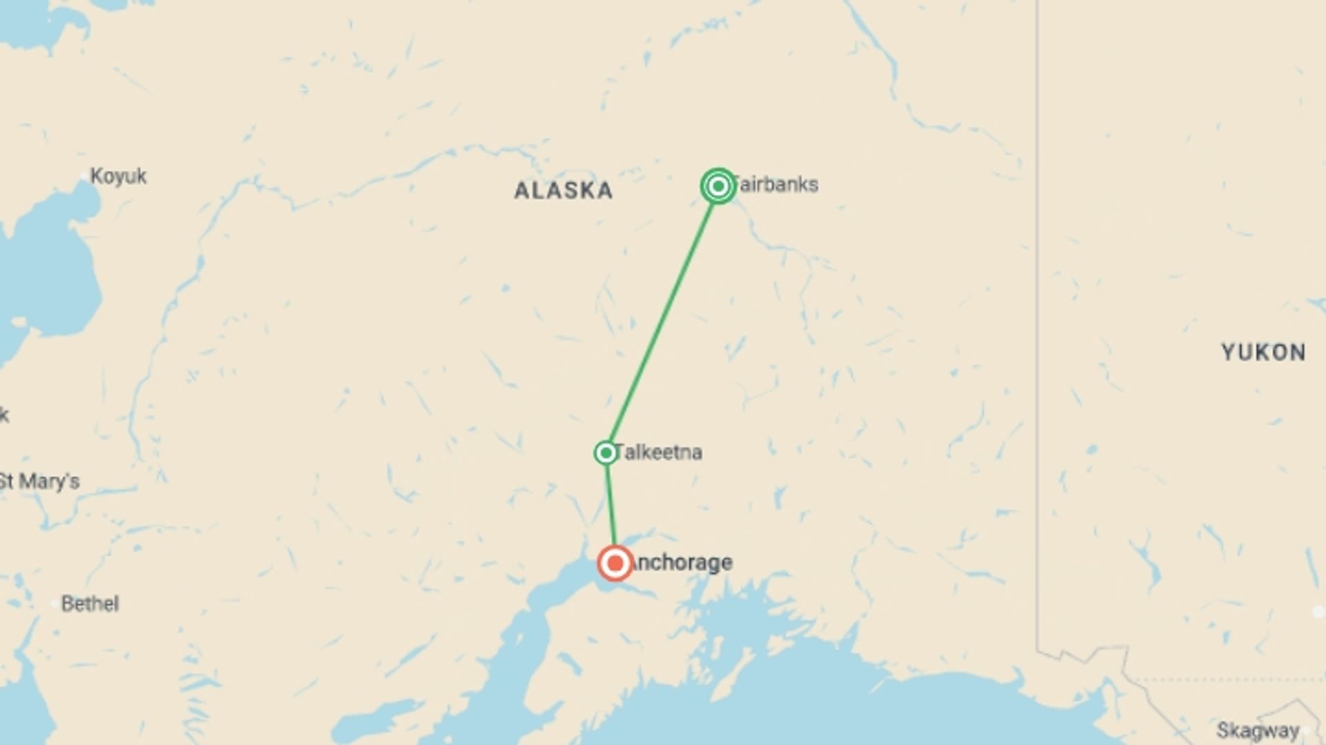 A map showing the tour itinerary for the trip: Alaska Northern Lights, starting in Fairbanks, USA and ending in Anchorage, USA going through 1 other destinations.
