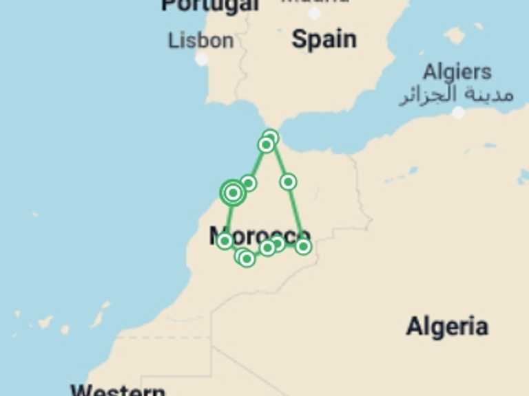 Map of 10-Day Marrakech Tour with 7 destination visits for the trip: Morocco from Casablanca to Casablanca