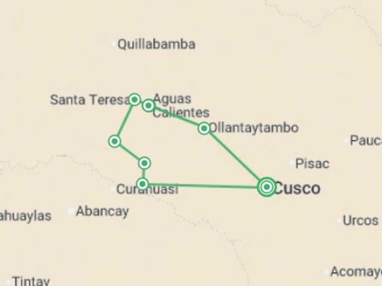 Map of Santa Teresa Tour with 7 destination visits for the trip: Salkantay Trek to Machu Picchu 5D/4N