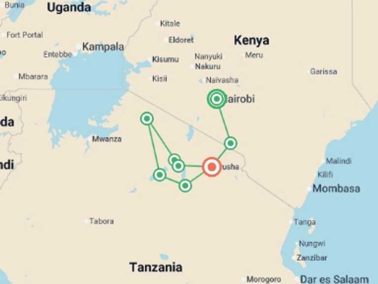 Map itinerary of Africa Tour in April 2027 with 7 destination visits for the trip: African Safari: Kenya and Tanzania 