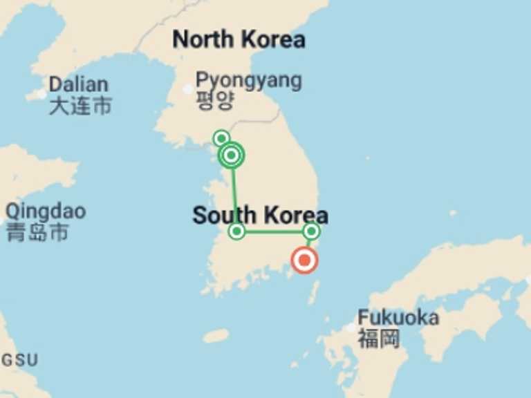 Map itinerary of South Korea Tour in April 2026 with 4 destination visits for the trip: Seoul to Busan Youth Adventure - 10 days